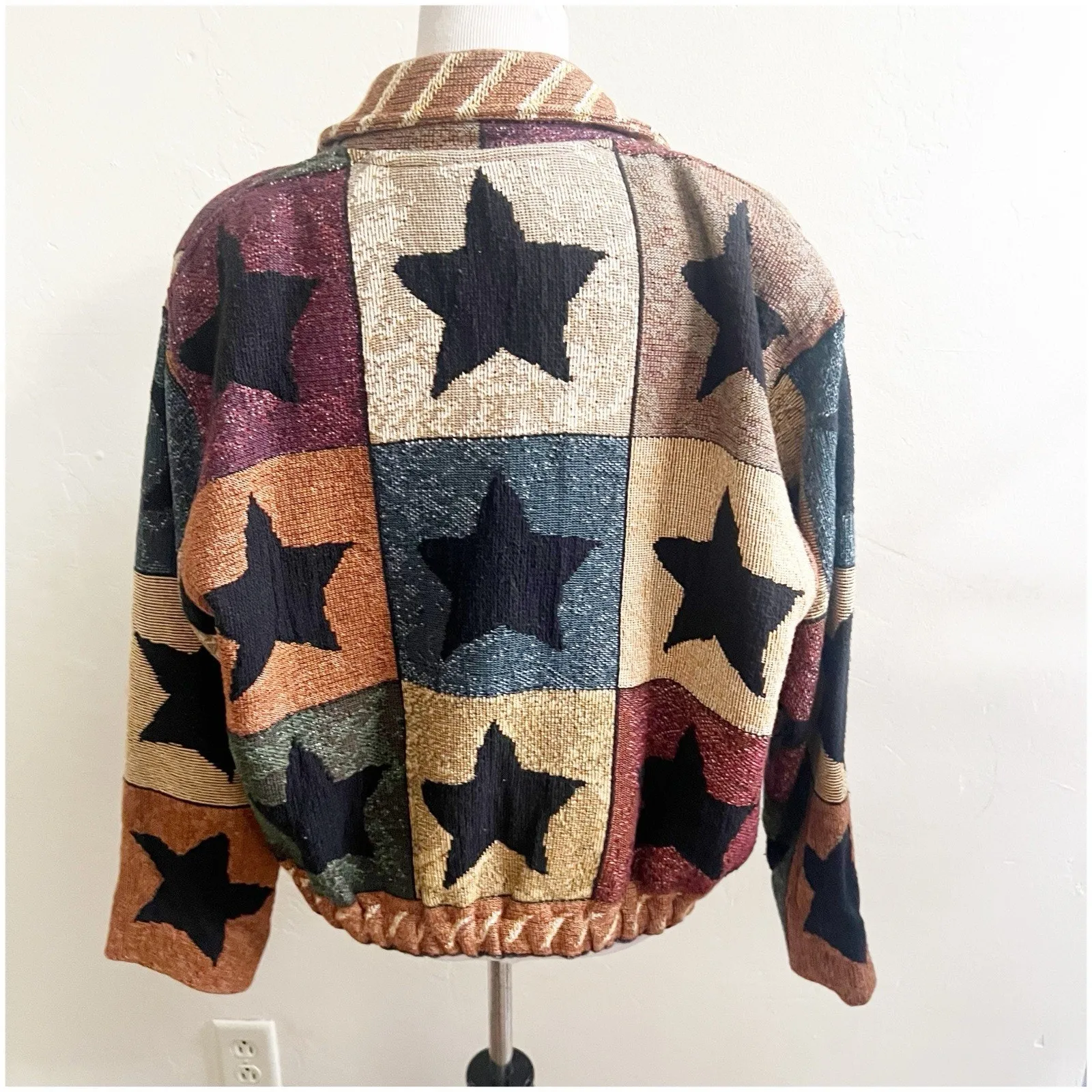 Painted Pony Tapestry Jacket Sz Large/XL Patchwork Stars Button Front Western Blue - Image 3