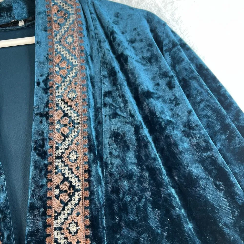 ANDREE By Unit Large L Crushed Velvet Embroidered Teal Open Front Kimono Boho - Image 5
