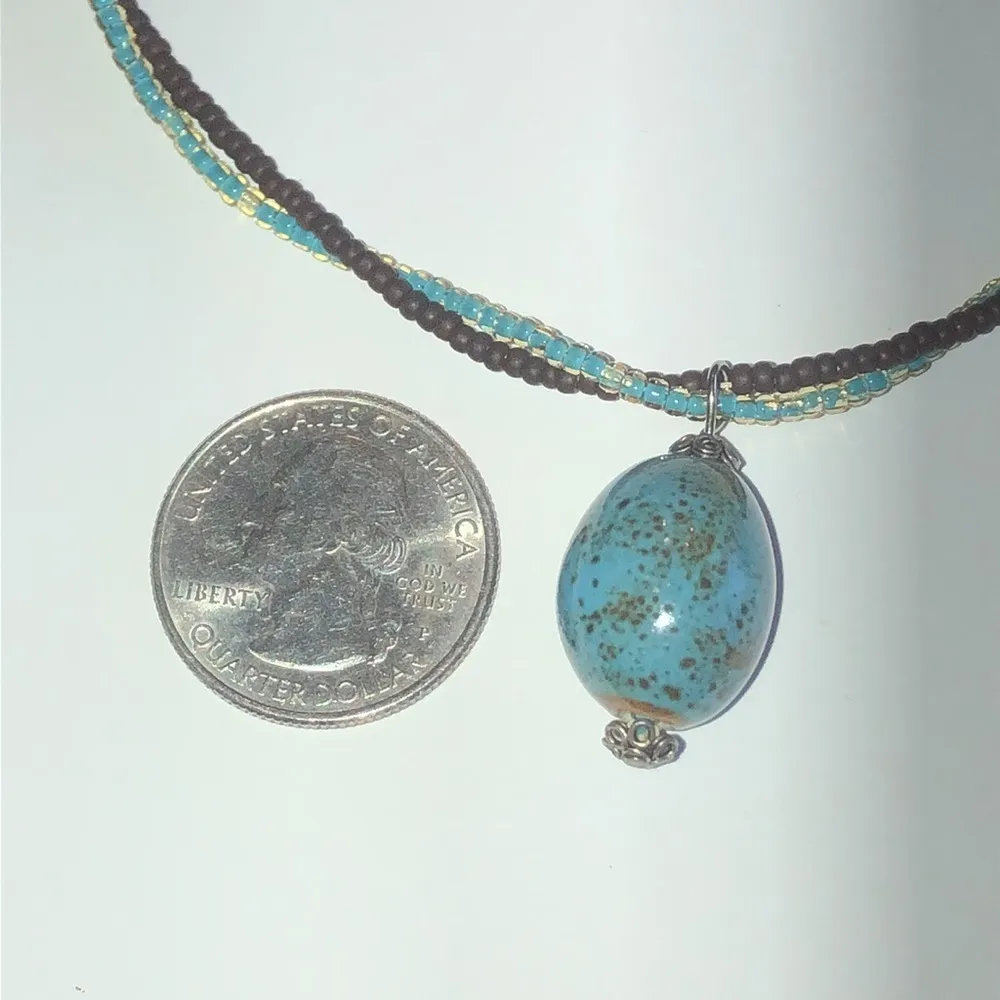 Boho Teal & Brown Seed Bead Beaded Pendant Necklace - Image 4