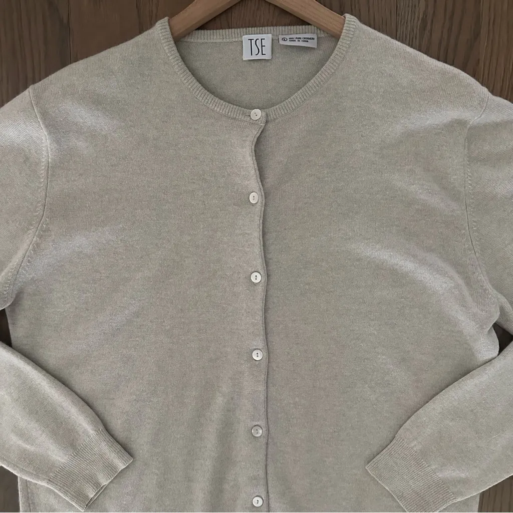 TSE 100% Cashmere Button Front Crew Neck Cardigan Sweater Heather Oatmeal Large - Image 3