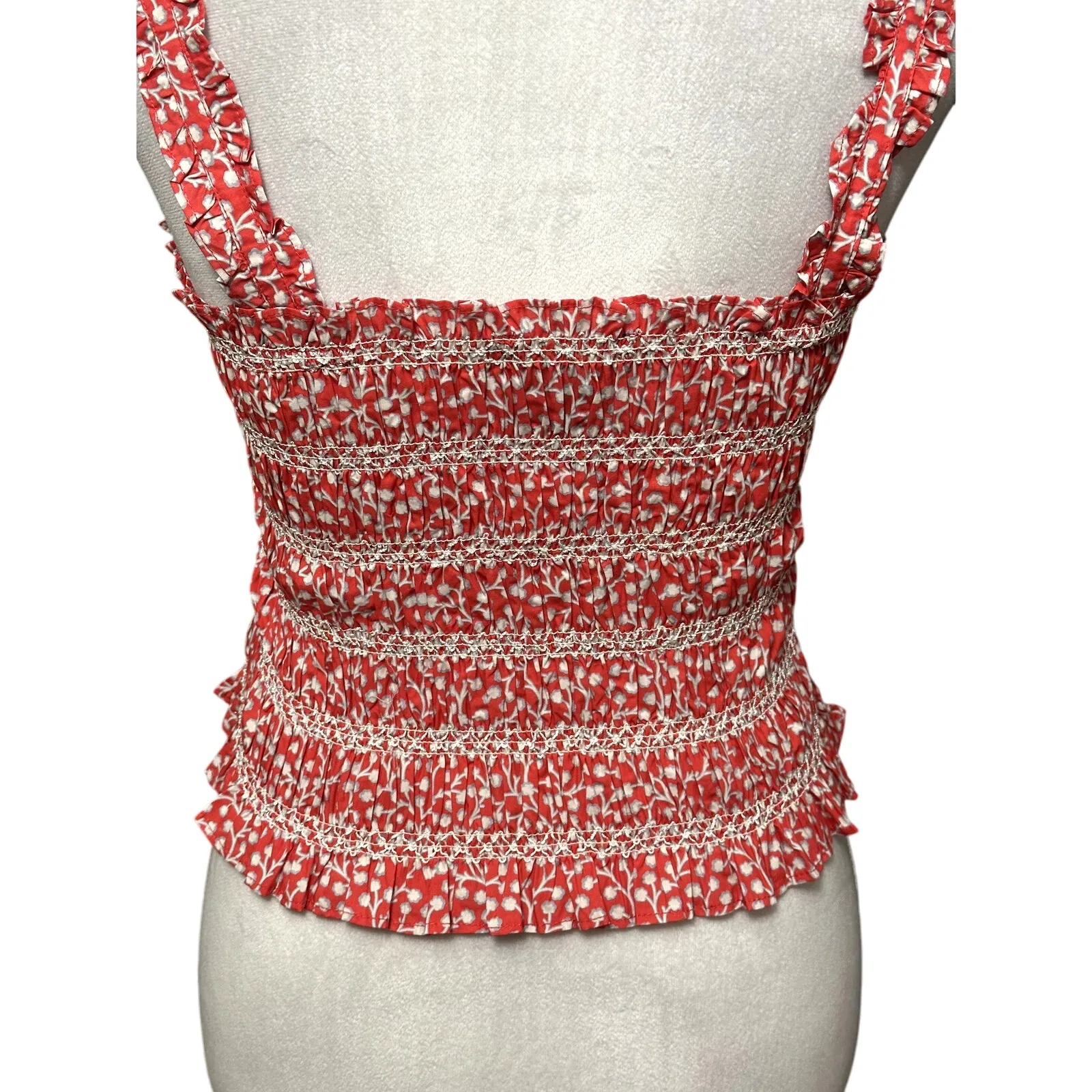 French Connection Smocked Sleeveless Crop Top 100% Cotton Square Neck Red 8 NWT - Image 7