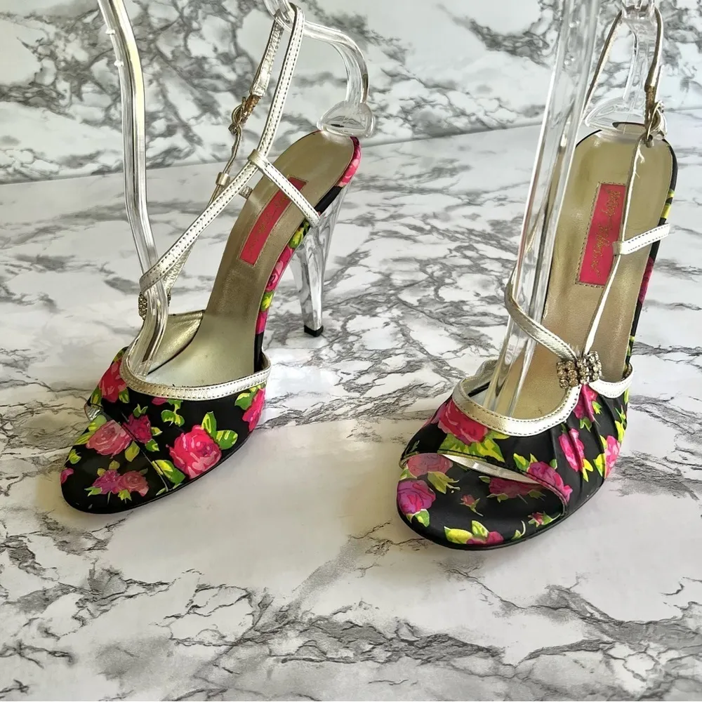 Betsey Johnson Sandals Black Silver Floral Rhinestone Strappy 8 - Image 5