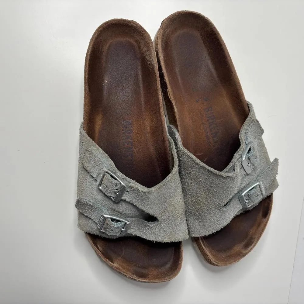 Birkenstock Gray Suede Sandals 39 Womens Slides Slip on Shoes Leather Buckles *‎ - Image 5