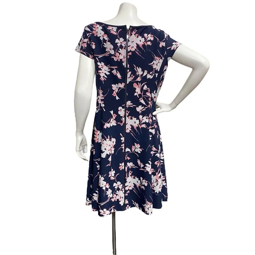 Tahari Women’s 12 Petite Dark Blue Pink Floral Print Knit Cocktail Skater Dress - Image 7