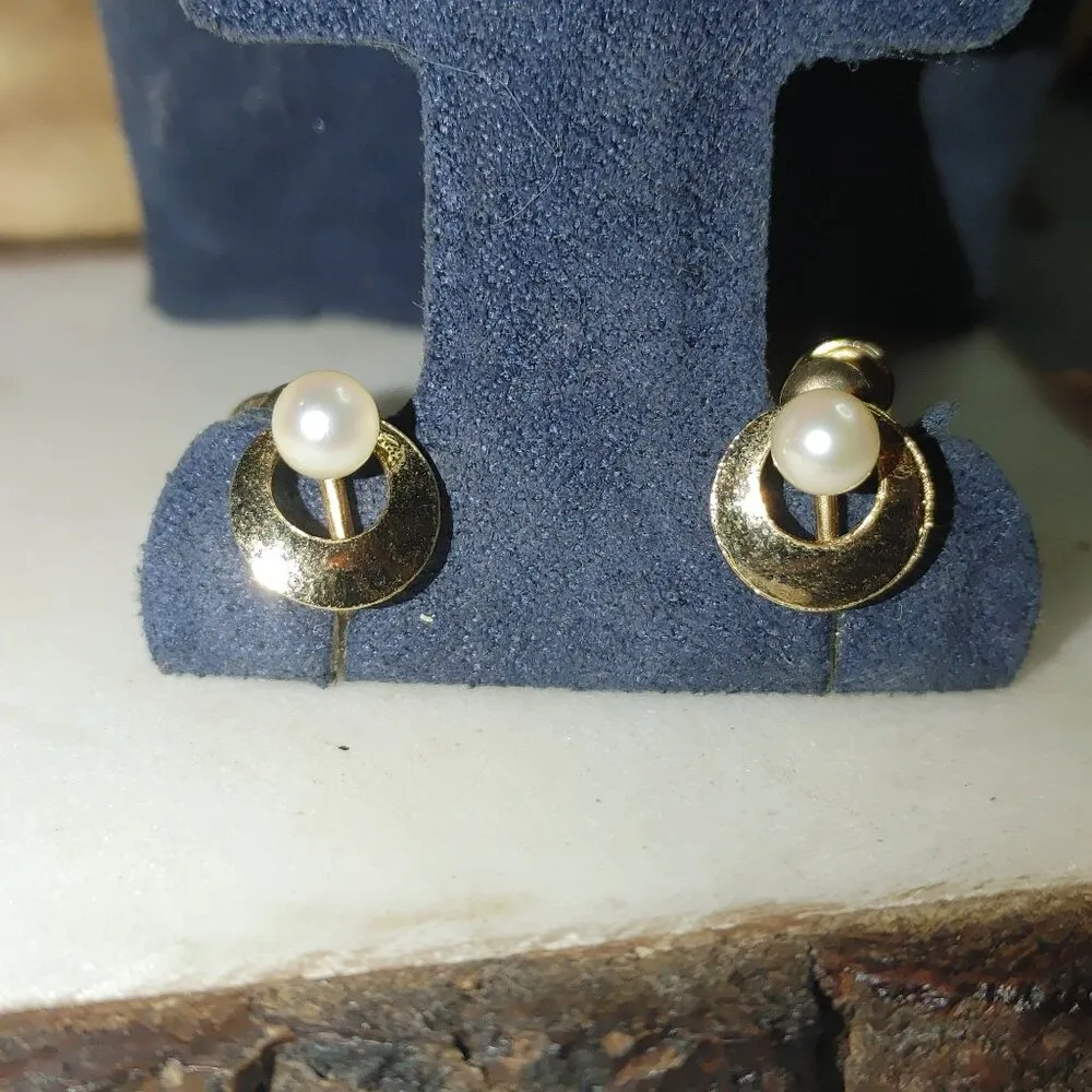 Real Pearl Yellow Gold Stamped Earrings Vintage 12K GF Screw Back - Image 3