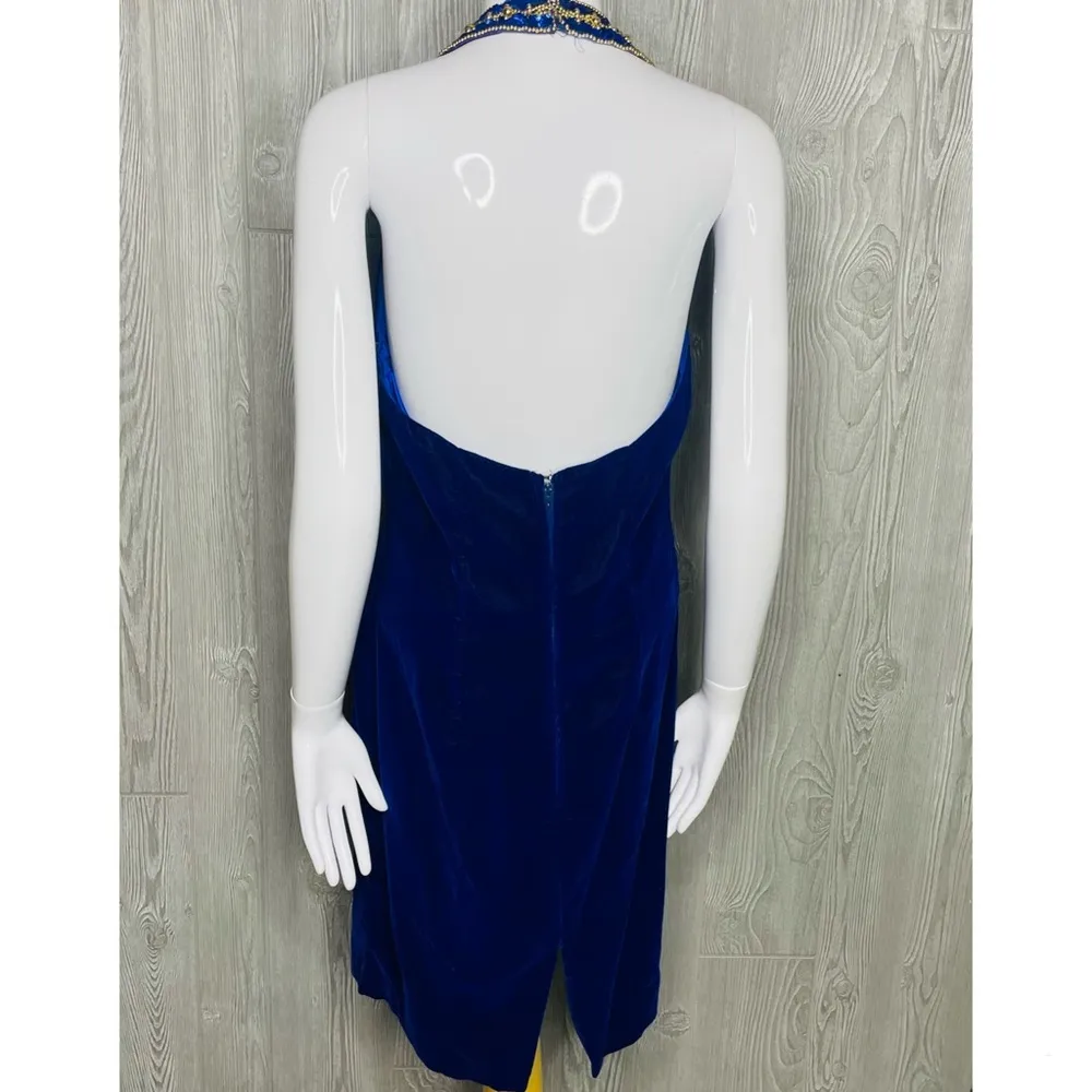 Vintage 80s zum Zum blue velvet retro shift dress with rhinestone collar top s - Image 2