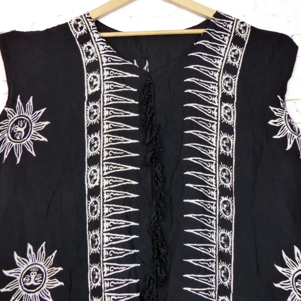 Sun Tribal Print Kaftan Dress Womens One Size Black Fringe Center Beach Hippie - Image 8