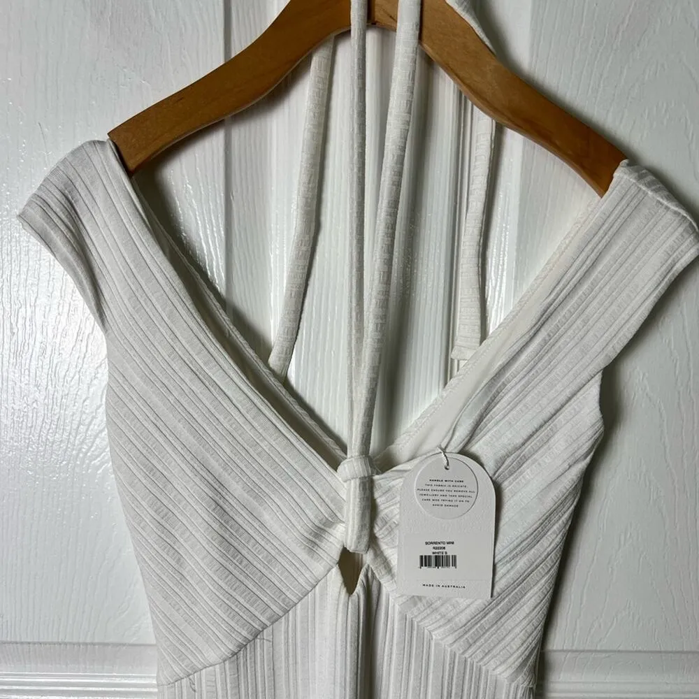 Rumer  White Ribbed Sorrento Halter Neck Tie Stretch Mini Dress S NEW - Image 4