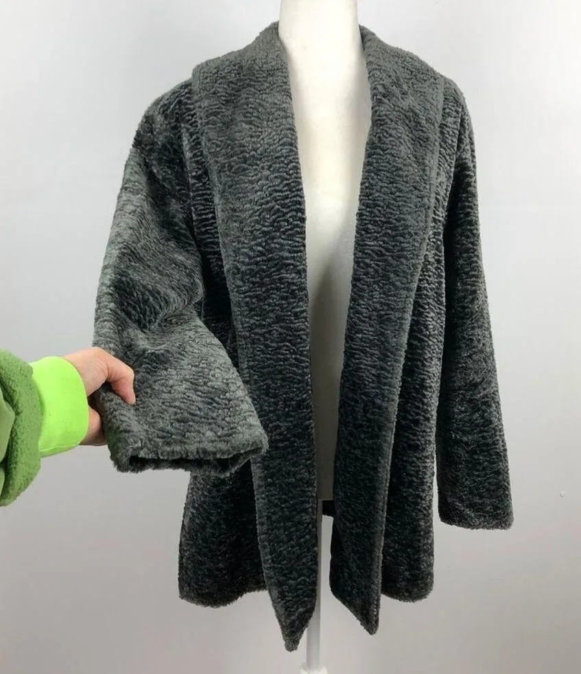 Lafayette 148 New York Faux Fur Jacket Gray Curly Persian Lamb Open Coat Medium - Image 3