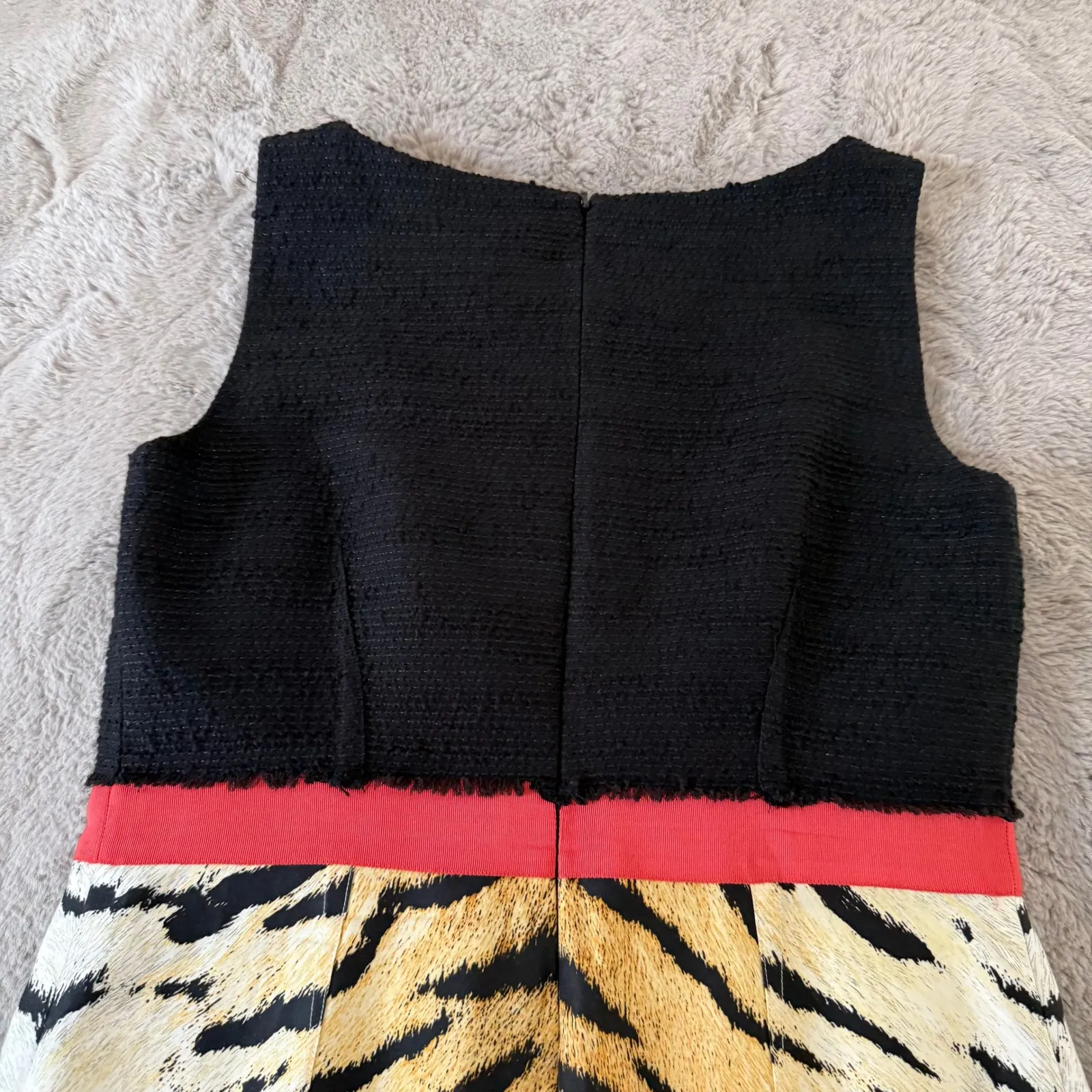 Etcetera Dress Black Bodice Tiger Print Skirt Coral Trim Women 8 SilkWool Career - Image 8