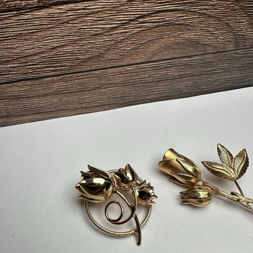 Flowers, Rose Stem, Faux Pearl Leaf Branch Gold Tone Brooch Pin Lot Of 3 - Image 8