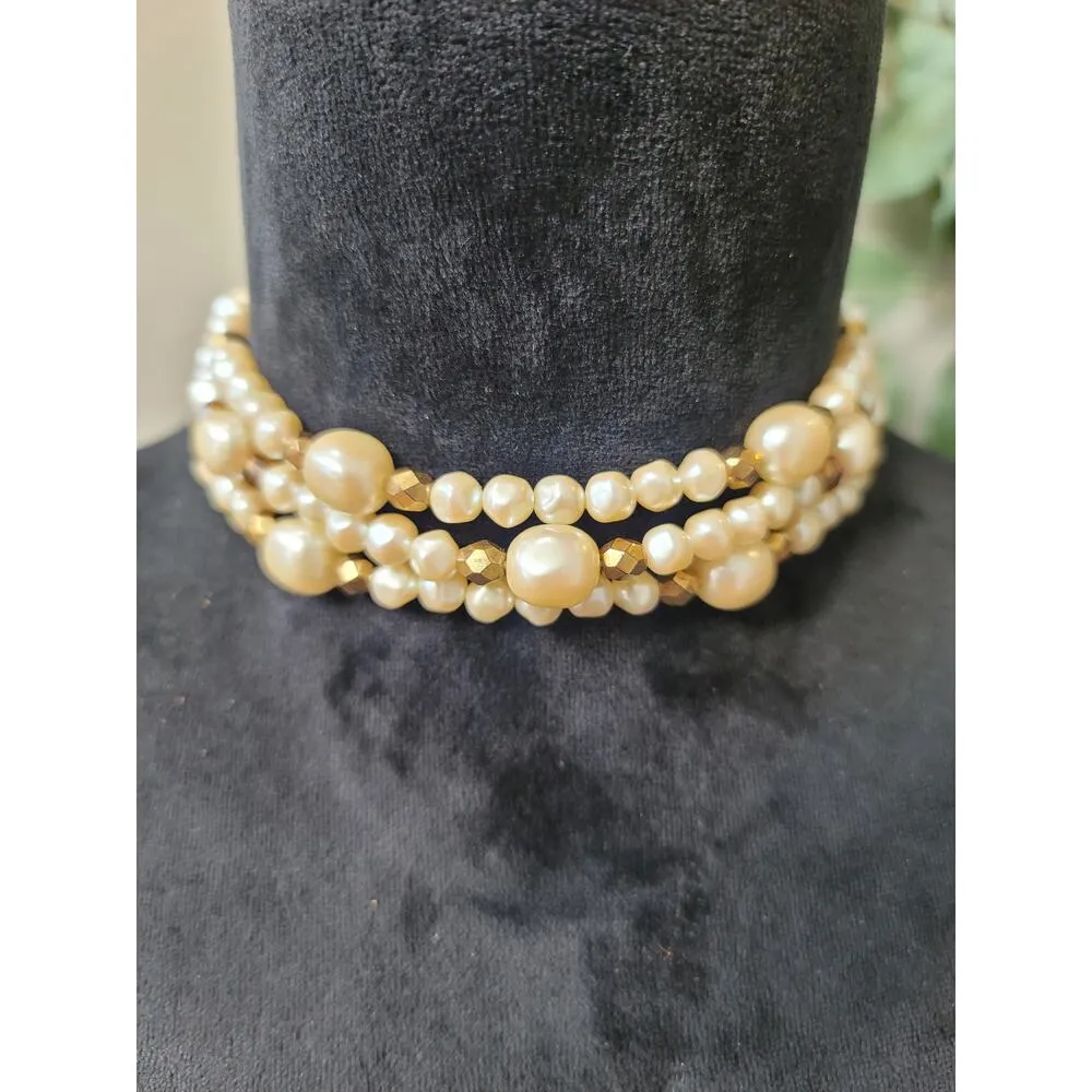 Women's Pearl Beaded Choker Necklace With Hook Clasp Elegant Layered Style Gold - Image 2