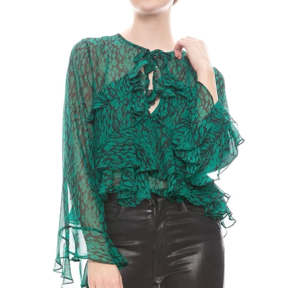 Misa Los Angeles Demaris green ruffled tie neck blouse M - Image 2