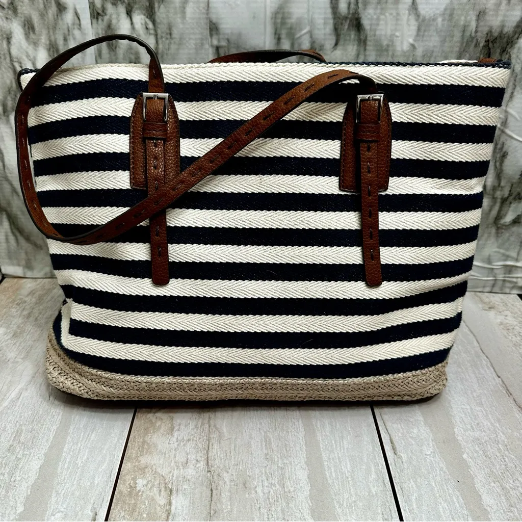 Dana Buchman Navy and Cream Canvas Striped Tote Leather Handles Sailing Vibes - Image 9