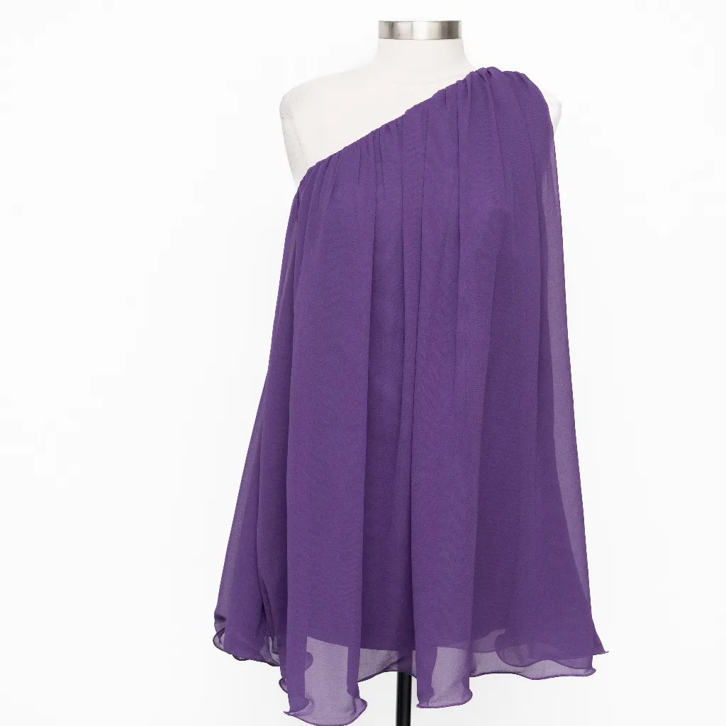 Mac Duggal. Purple One Shoulder Flowy Chiffon Mini Dress. - Image 2