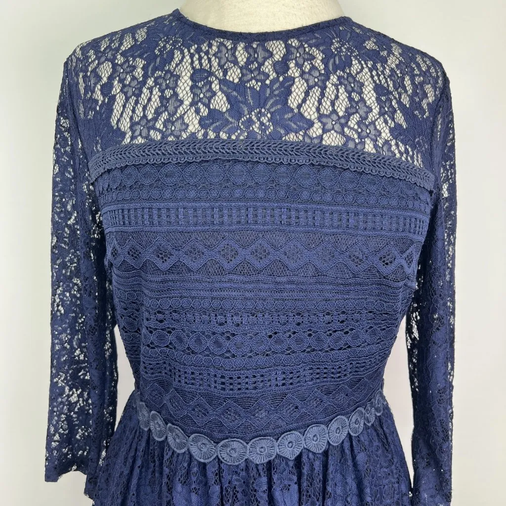 Juniors 9 Navy Blue Back Zip Long Sleeve Lace Overlay Mini Dress City Triangles - Image 3