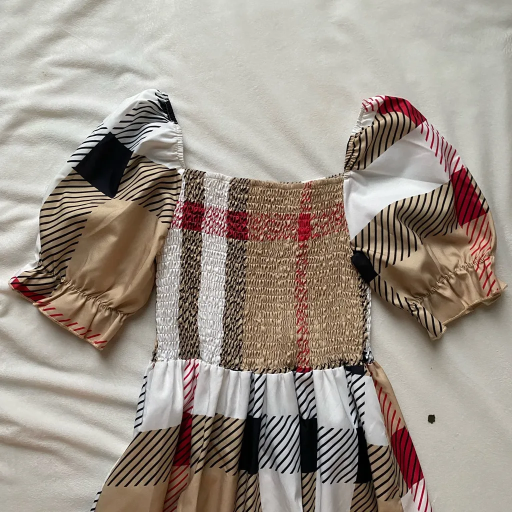 Plaid Puff Sleeve Maxi Dress Tan - Image 2