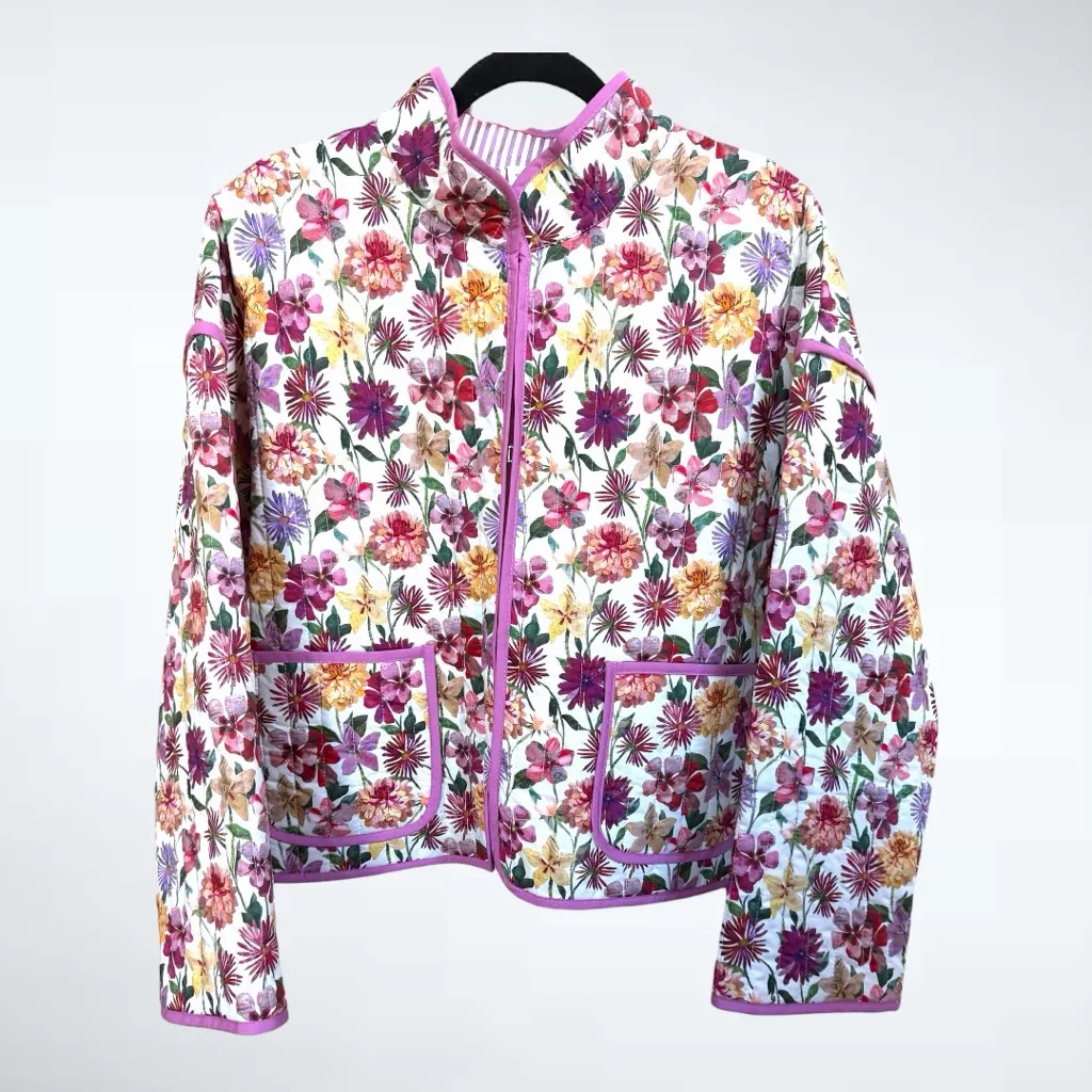 Women's Entro Oversized White Pink Floral Quilted Jacket Size S - Image 2