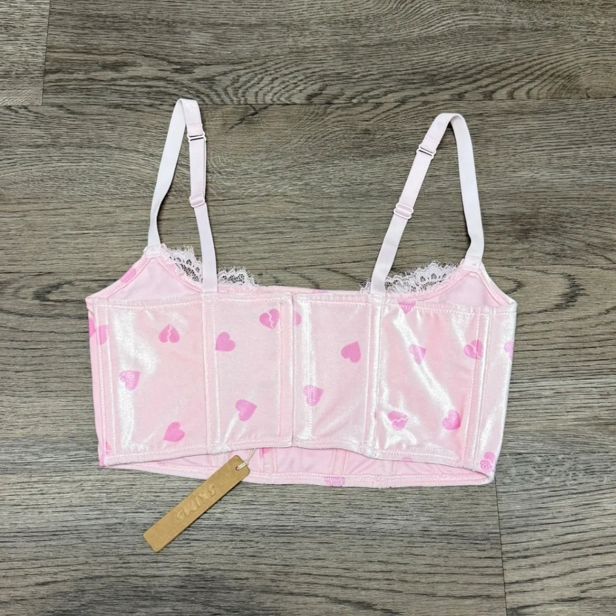 SKIMS Velvet Lace Cropped Corset Top Cherry Blossom Heart Breaker NWT Medium - Image 7
