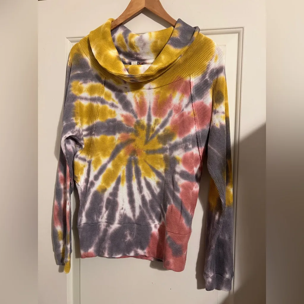 Pilcro Anthropologie Angie Tie Dye Cowl Neck Yellow Thermal Tee Top Fall Cozy - Image 3