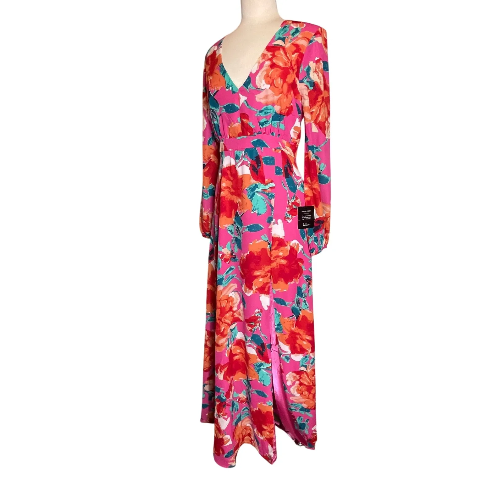 NWT LULUS Women’s Boho Carolita Magenta Floral Long Sleeve Maxi Gown - Image 6