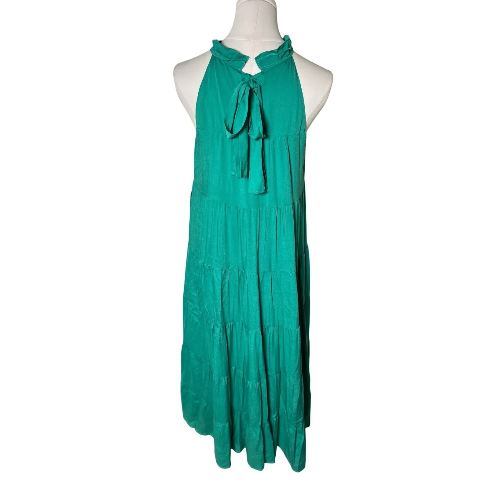Green Tiered Maxi Dress Small Halter Tie Neck Sleeveless Flowy Resort Vacation‎ - Image 5