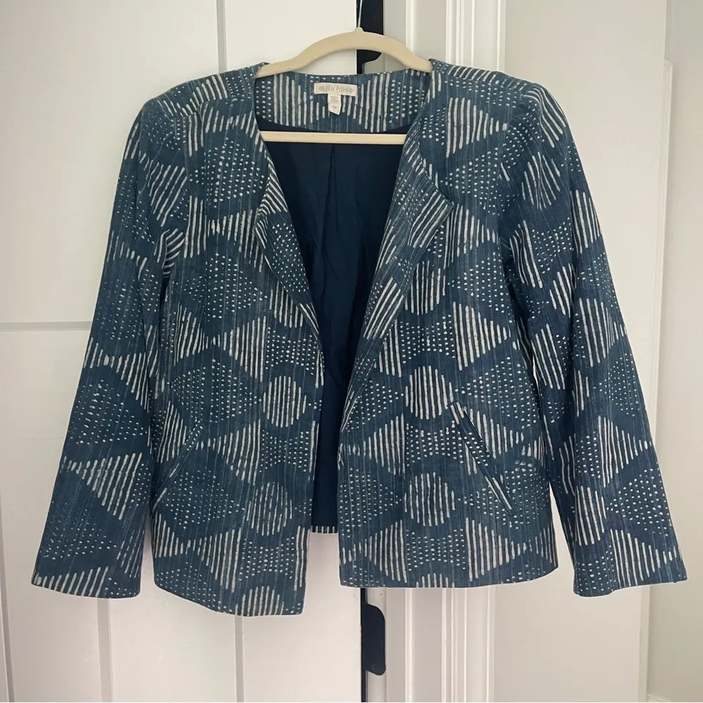 Eileen Fisher Hand-Printed Indigo Organic Cotton Round Neck Jacket Blue - Image 2