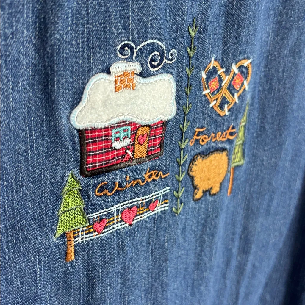 Bobbie Brooks Blue Denim Jumper Dress Embroidery Plaid Gingham Sz L Grandmacore Size L - Image 4