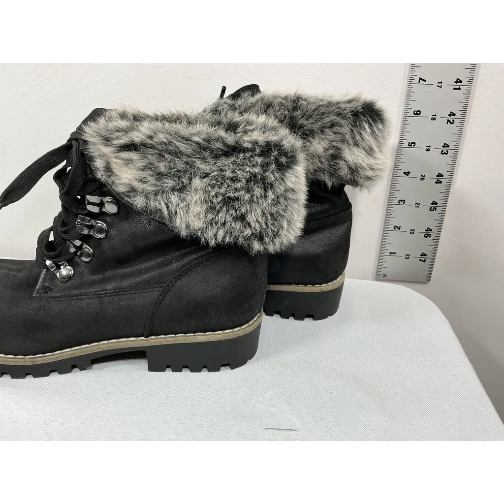 Womans Cliffs Laceup Pullon Ankle Boots 7 M Black Chunky Heel,fur Cuff Round Toe - Image 4