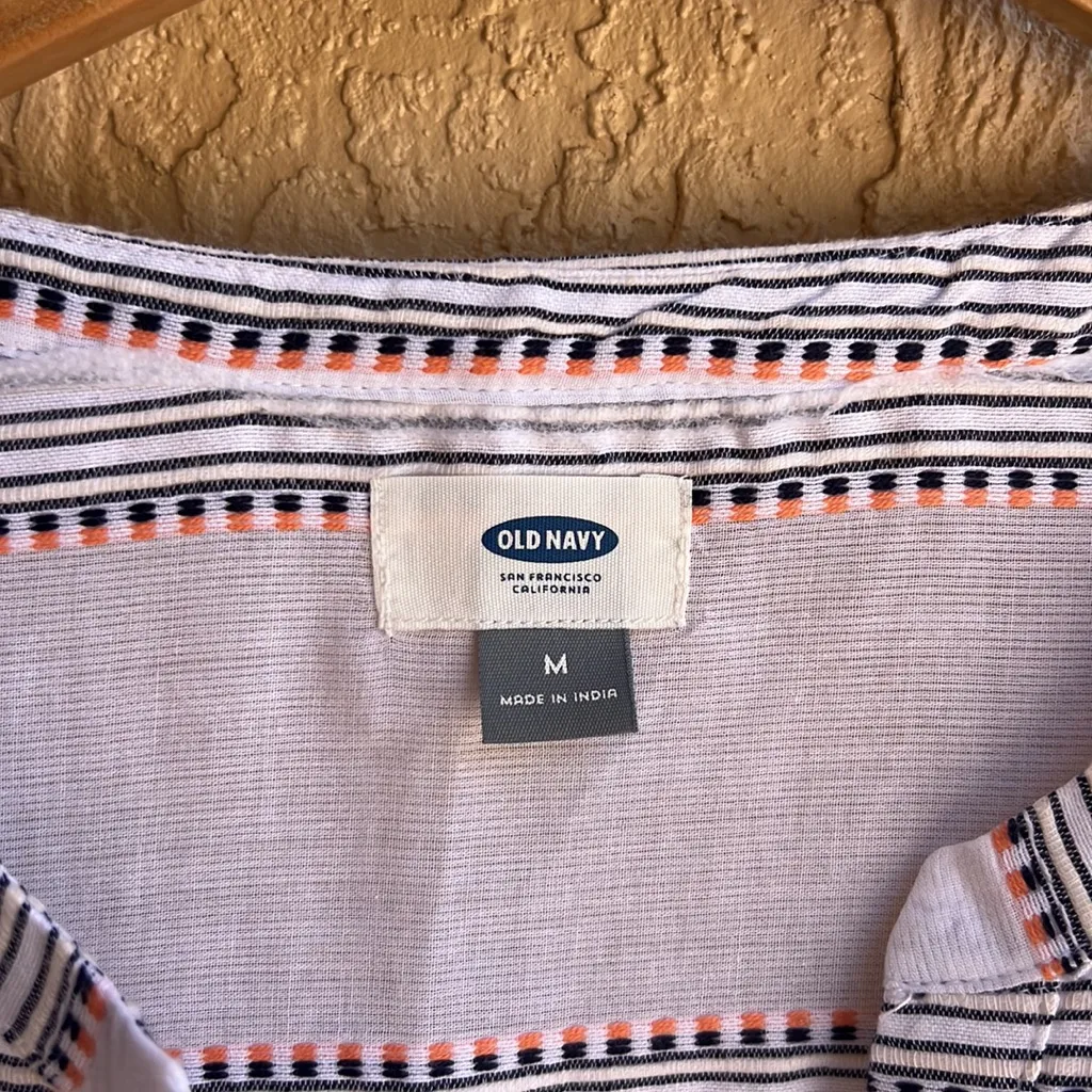 Old Navy Button Through Long Sleeve Tunic in White/Black/Pink Stripe Size Medium - Image 2