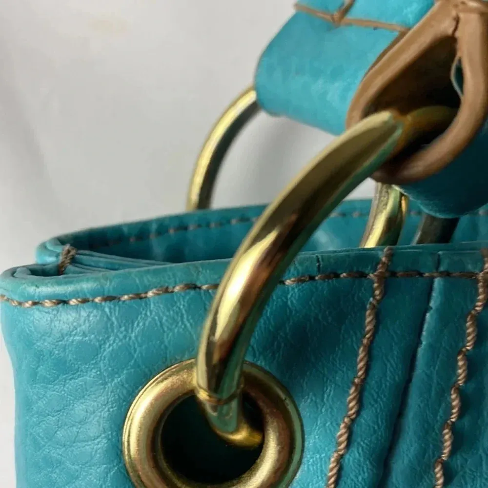 RELIC TURQUOISE SHOULDER STRAP PURSE TAN STITCHING LINED SNAP CLOSE POCKETS - Image 8