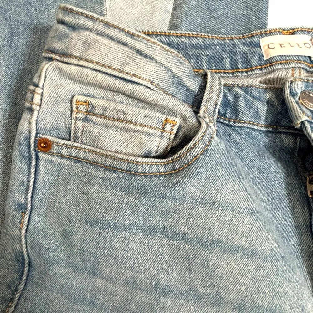 Cello Light Wash Wide Flare Jeans Size 11 Patchwork Panel Raw Hem Y2K Style - Image 7