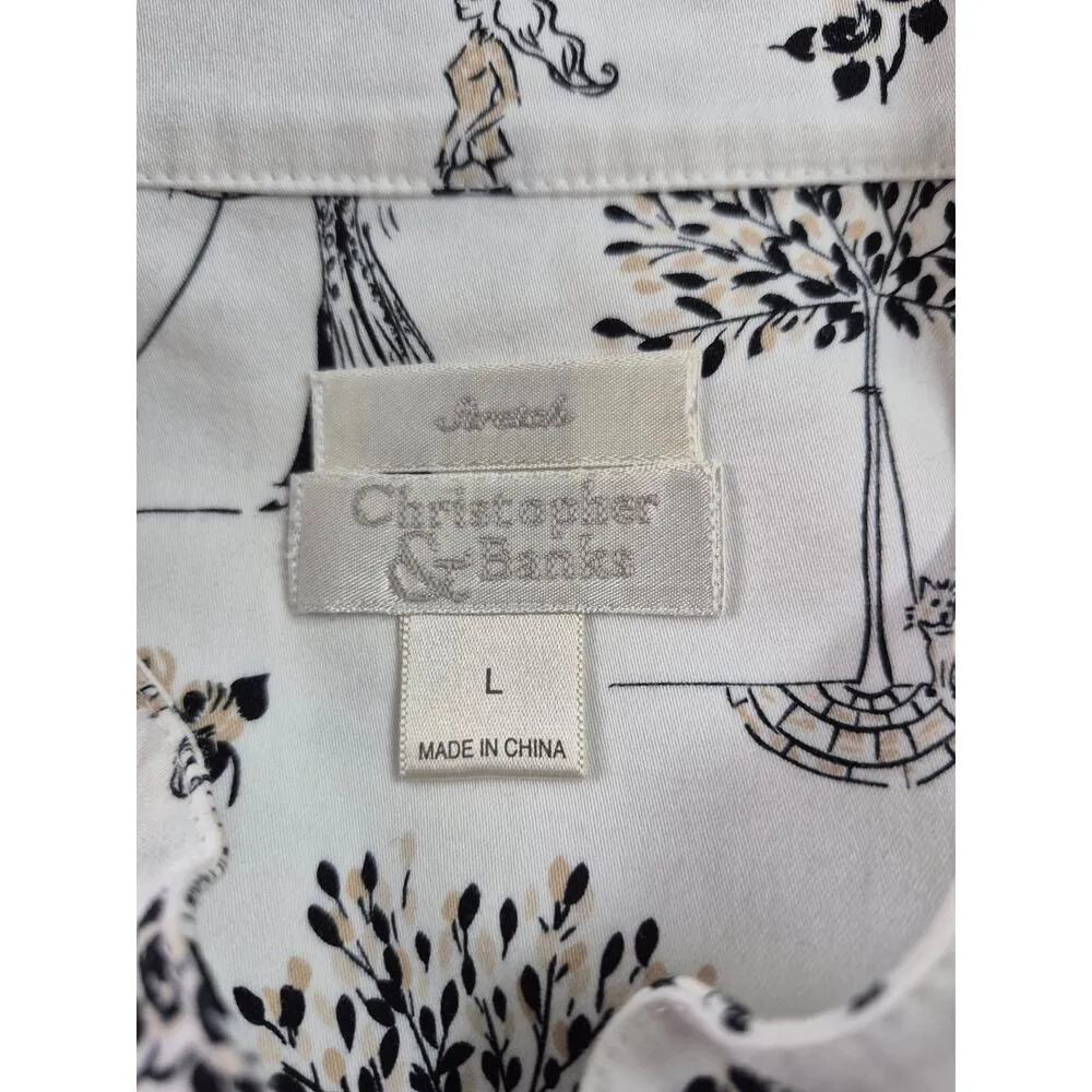2005 Vtg Christopher & Banks Cotton Stretch Shirt Jacket Shopping Themed Toile L - Image 4