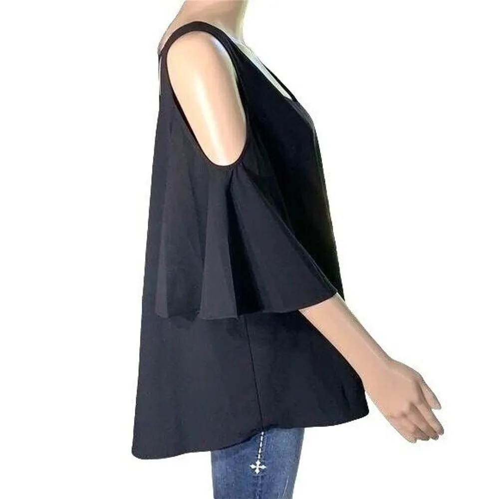 Nygard Womens Blouse Top Cold Shoulder Crisscrossed Back Black Pullover Medium - Image 6