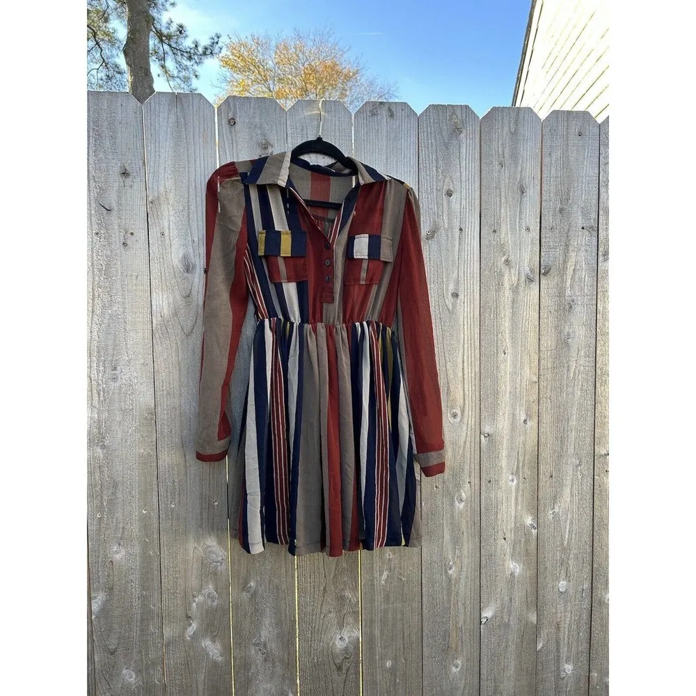 XTAREN Dress Size Small Stripe Long Sleeve Fall Botton Cottage‎ Cute - Image 2