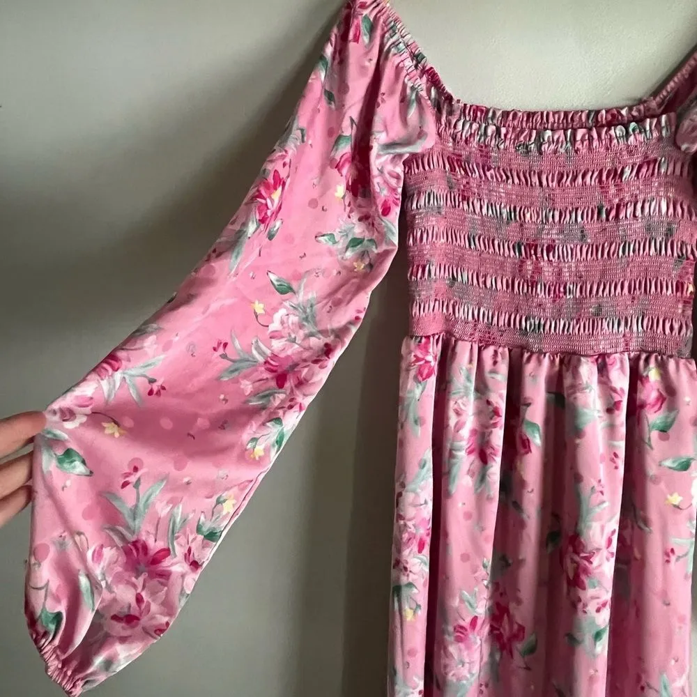 WAYF Smocked Pink Floral Polka Dot Babydoll Dress - Cottagecore Puff Sleeve Midi - Image 4