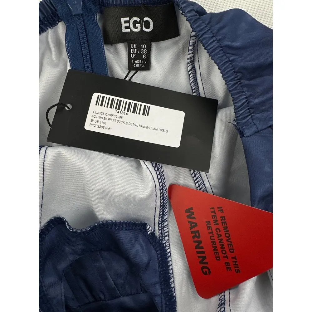 EGO - Bandeau Buckle Detail Bodycon Mini Dress in Acid Wash Blue - Image 2