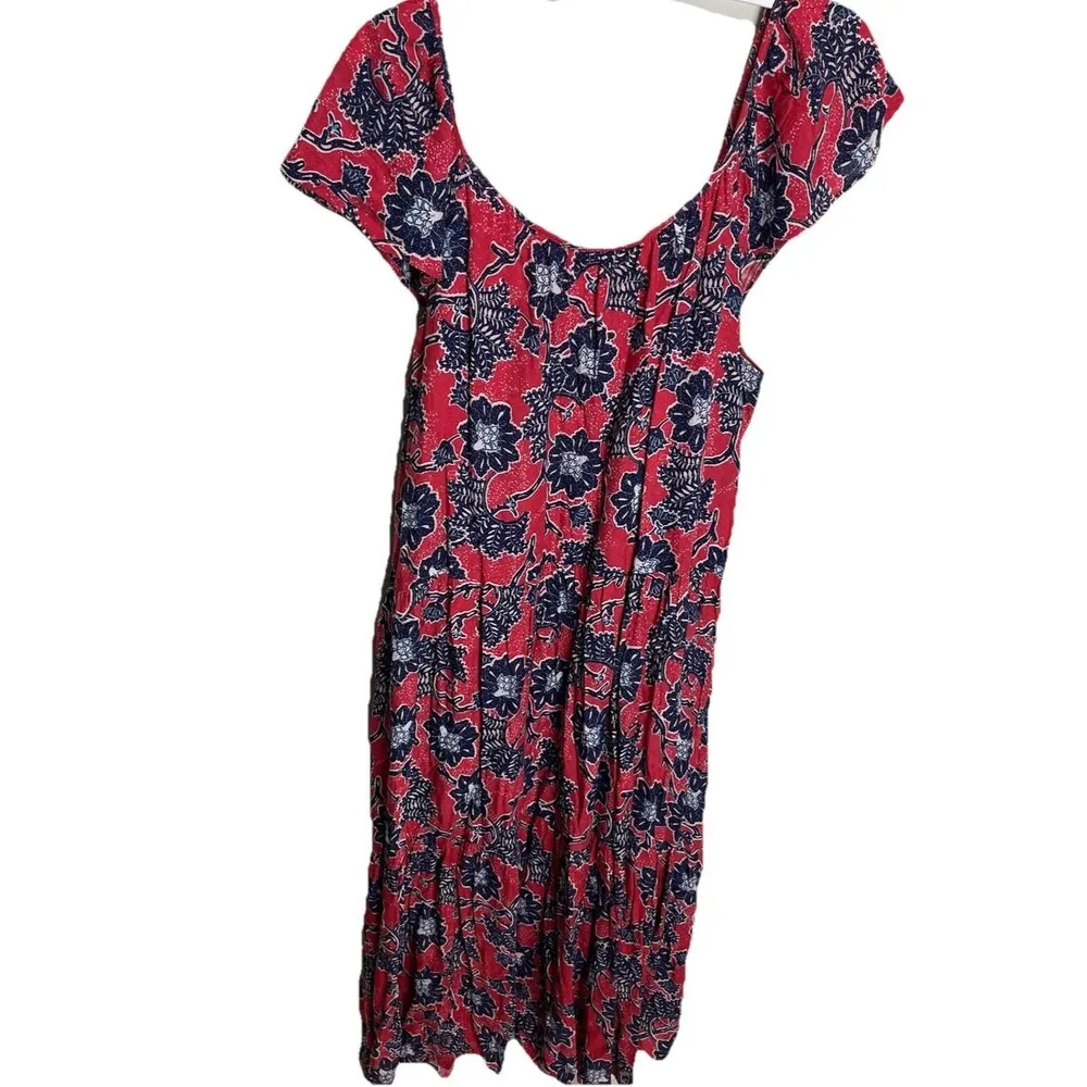 Knox Rose Tiered Midi Dress Sz XL Floral Red & Blue Boho Pockets Flutter Sleeve - Image 5