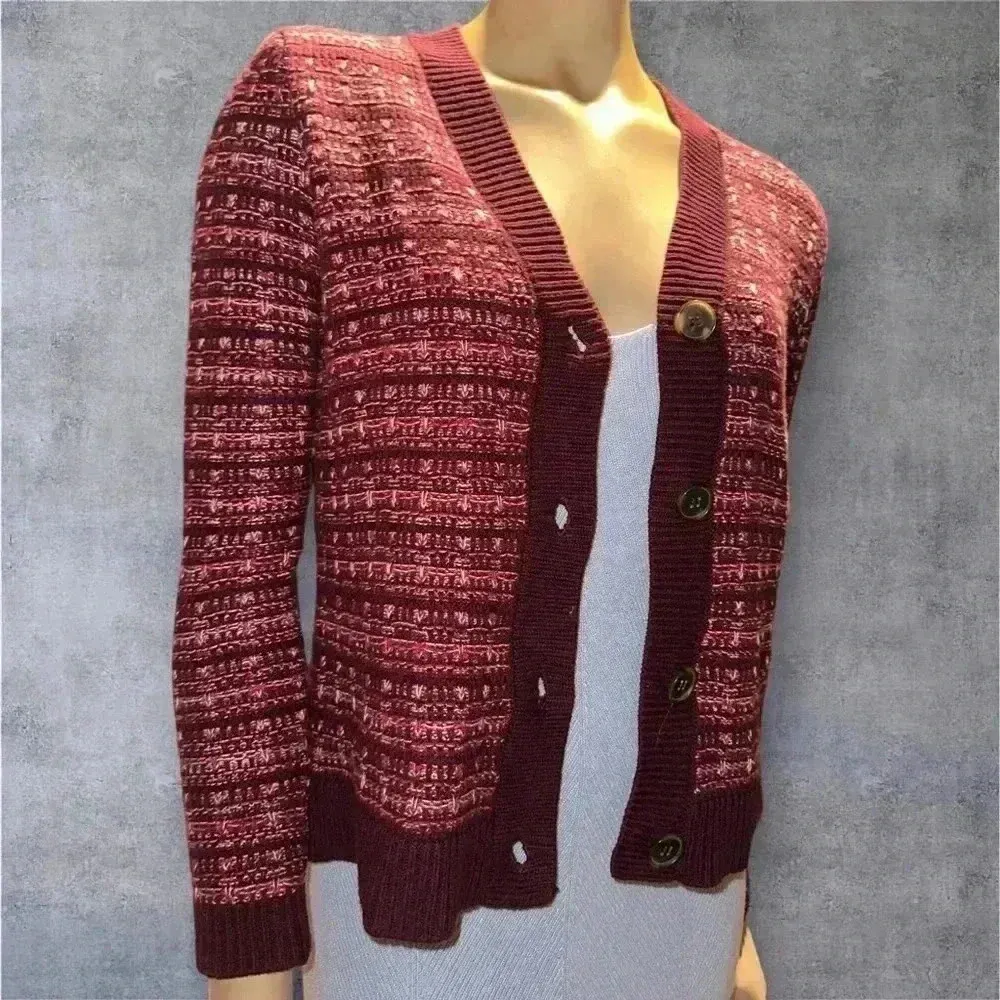 women’s Textured Knitted Striped V-neck Wedge burgundy Cardigan sz SP - Image 2