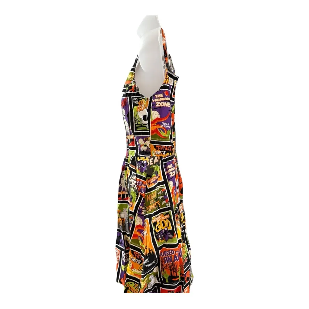 100% cotton Horrorcore Movie Poster Dress Goth Halloween Spooky Fit Flare Black Size M - Image 6