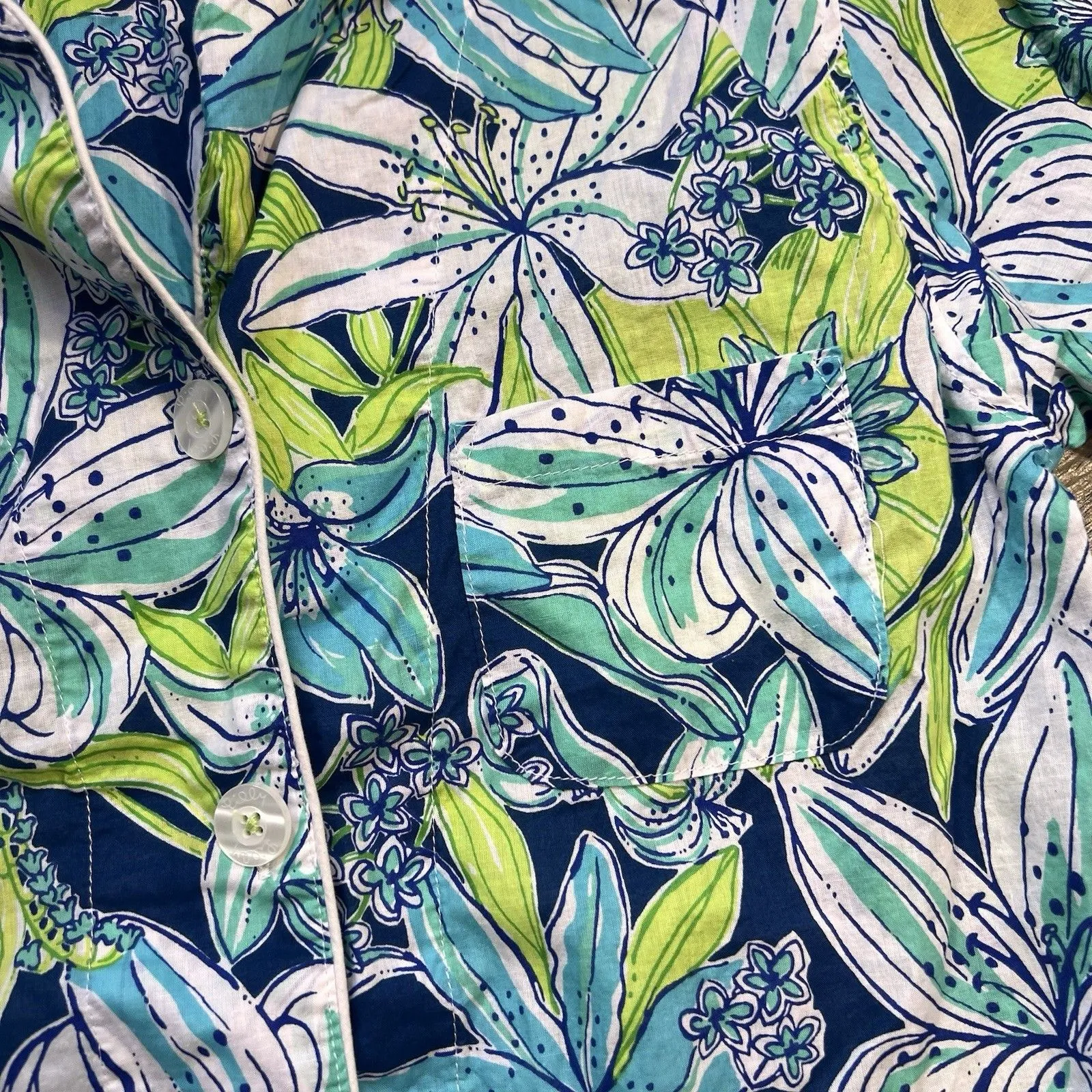 Lilly Pulitzer Pajama Top Shirt Womens Floral Flowers Blue Green Size XS #88 - Image 7
