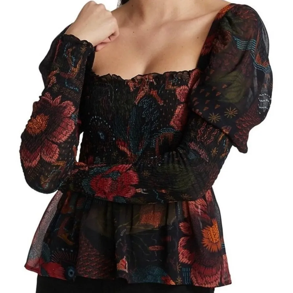 FARM Rio NWT Black River Creatures Smocked Floral Chiffon Sheer Blouse XS - Image 2
