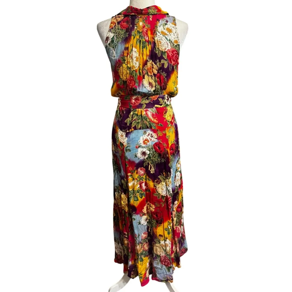 Vintage 90s Together! Floral Patchwork Maxi Shirt Dress Belted Sleeveless (10) - Image 3