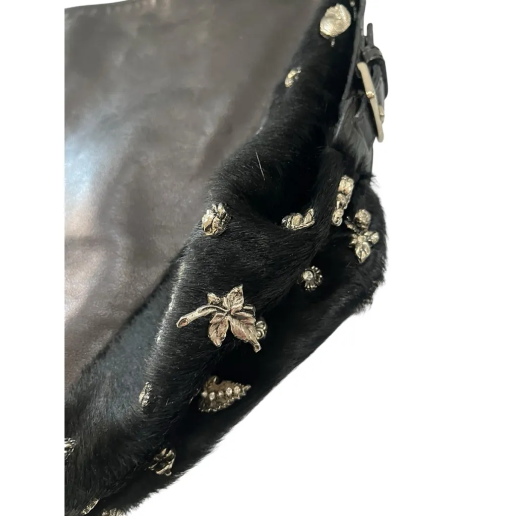 Berge NWOT Black Leather Calfhair Hobo Shoulder Bag Charms Rhinestone Italy New - Image 3