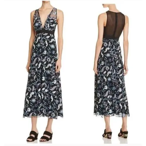 Sandro Sz 2 Floral Embroidered Midi Dress Tulle Blueshine Sleeveless - Image 2