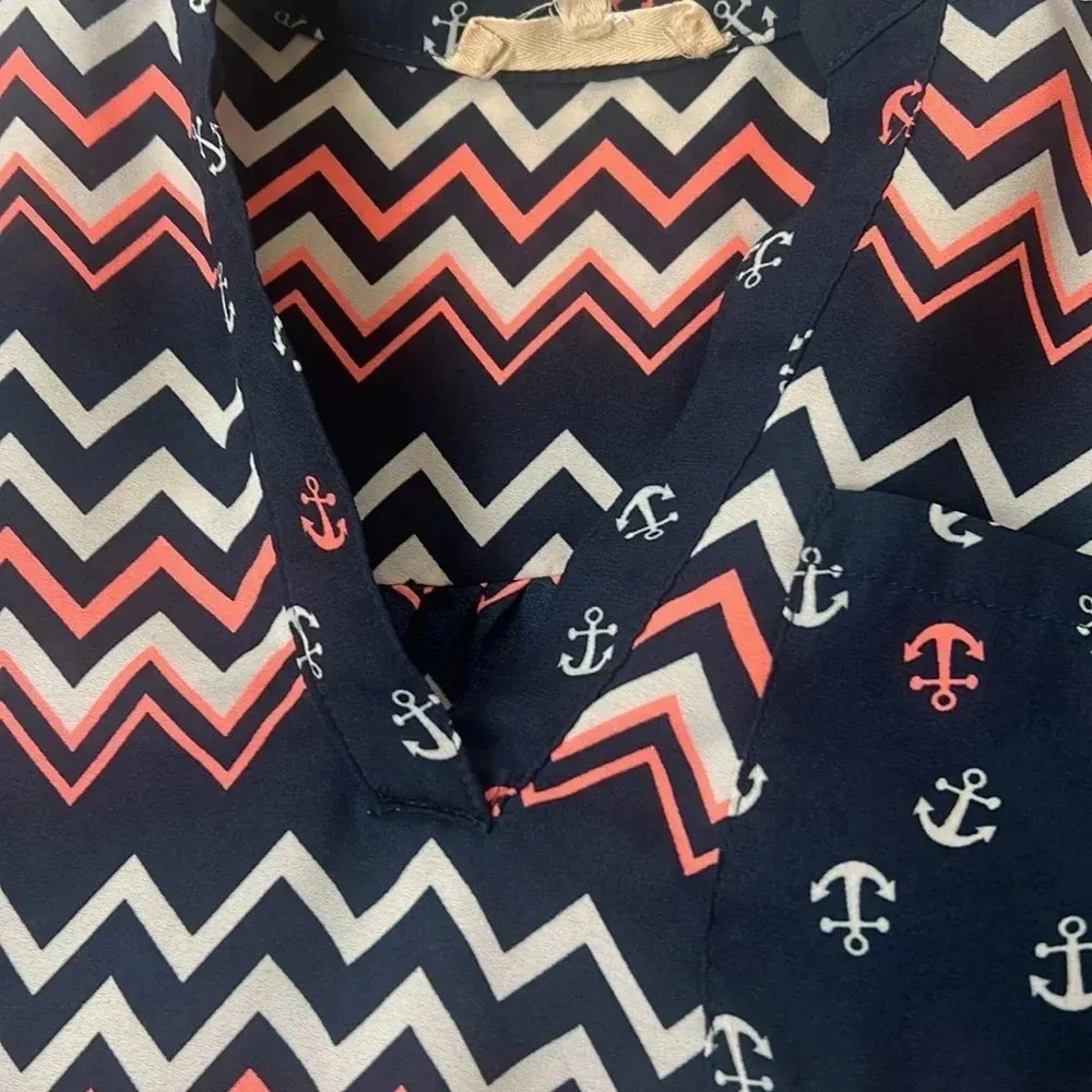 Wishful Park SZ M Nautical Navy Blue White & Pink Anchor Chevron Blouse Top - Image 3