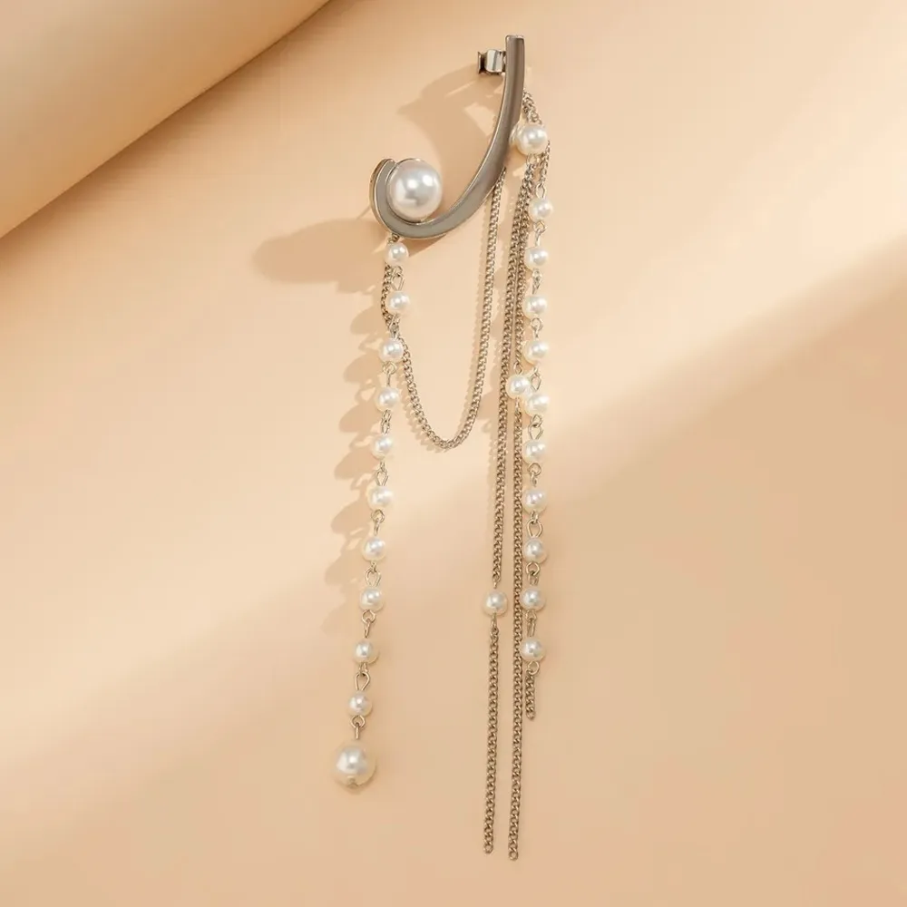 New long silver ear mono cuff with pearls - Image 8