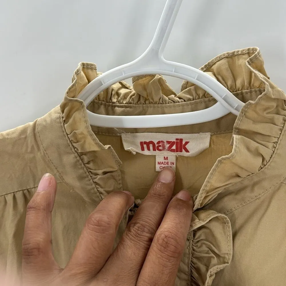 Mazik mock neck ruffle trim mock neck button down minimalist maximalist size M Tan Size M - Image 4