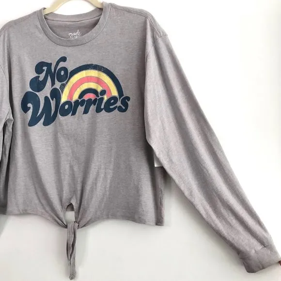 New No Worries Rainbow Tie Hem Cropped Tee Graphic Long Sleeve T-Shirt Grey - Image 9