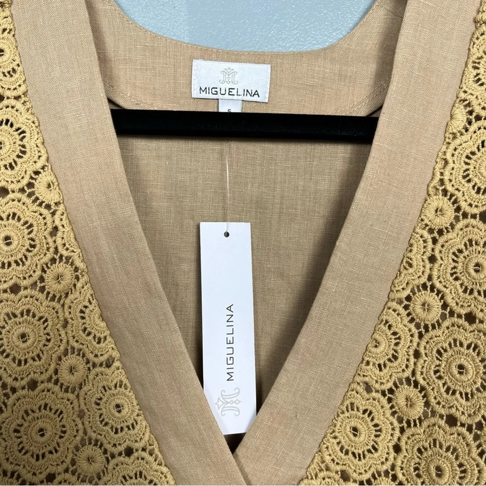 NWT Miguelina Regina Sample Linen Crochet Lace Blouse Waist Tie Camel Tan Size S - Image 5